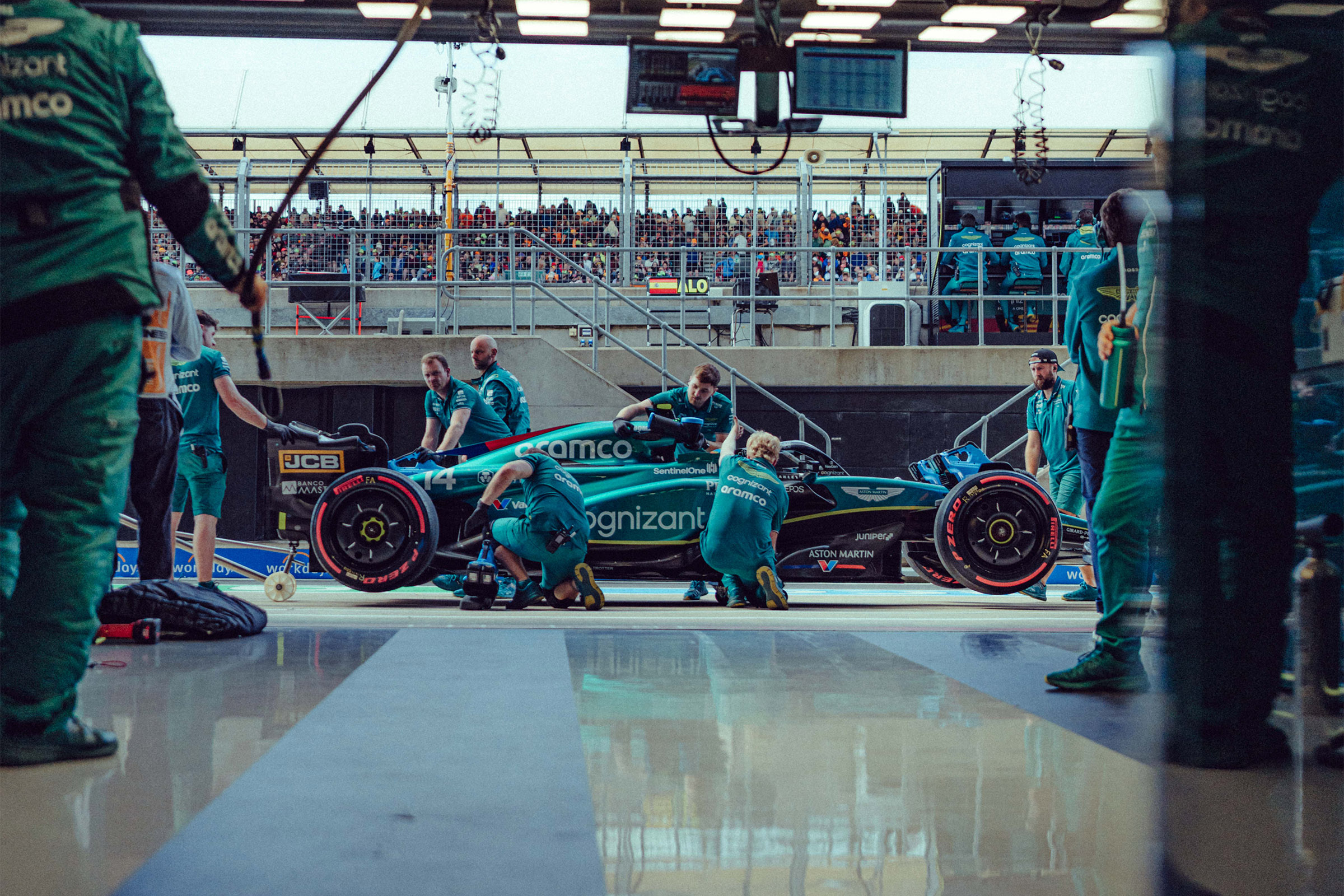 A Formula 1 car in the pit during a race weekend